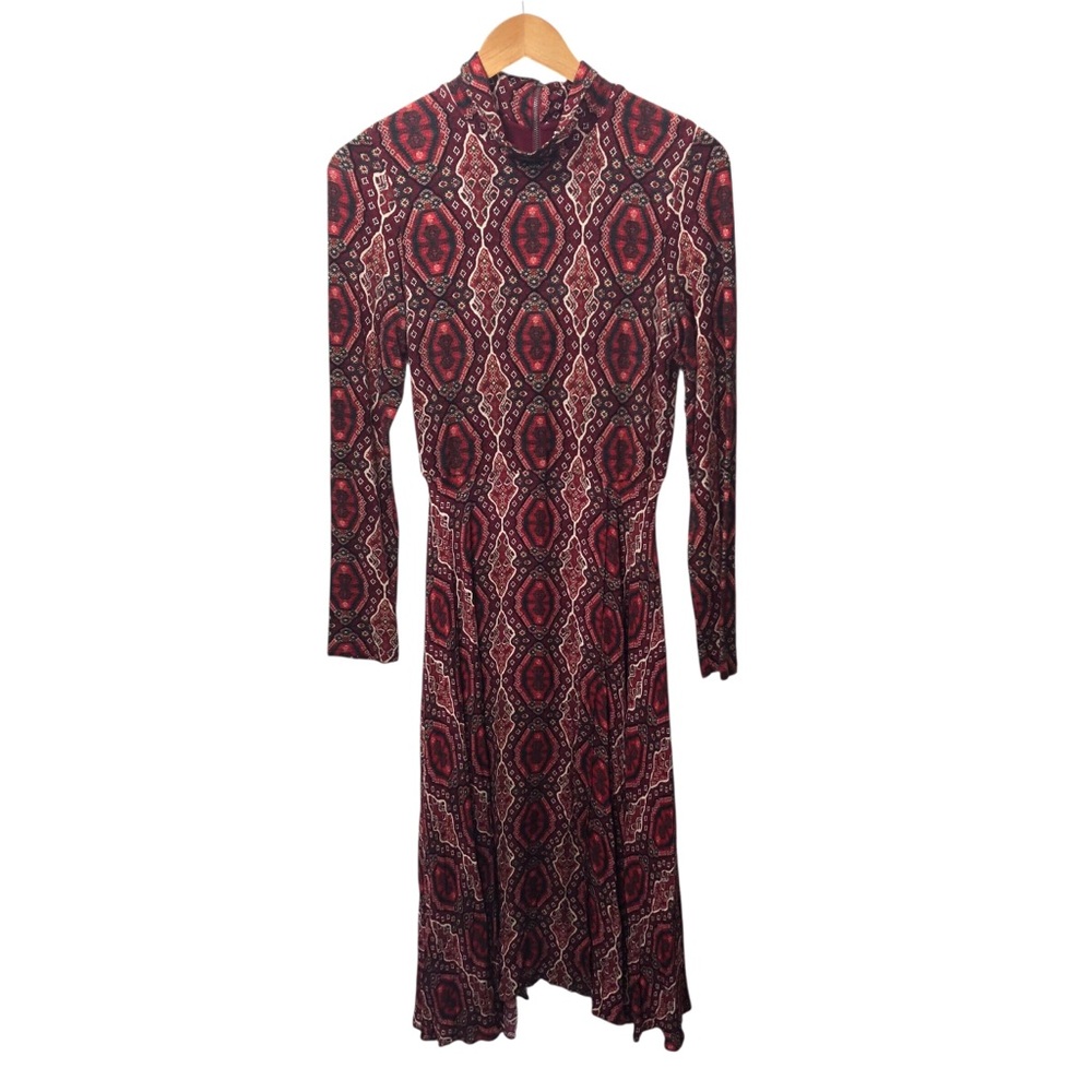 Alice + Olivia Clare Dress Long-Sleeve Turtleneck Sz 8 Midi Burgundy Geometric - Picture 5 of 13